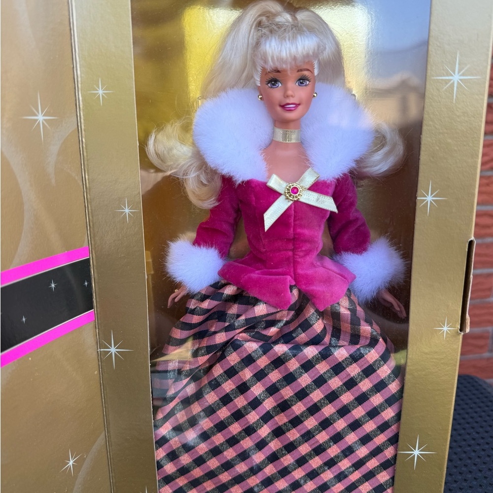 Barbie in Pink Velvet with Gold and Black Checkered Skirt